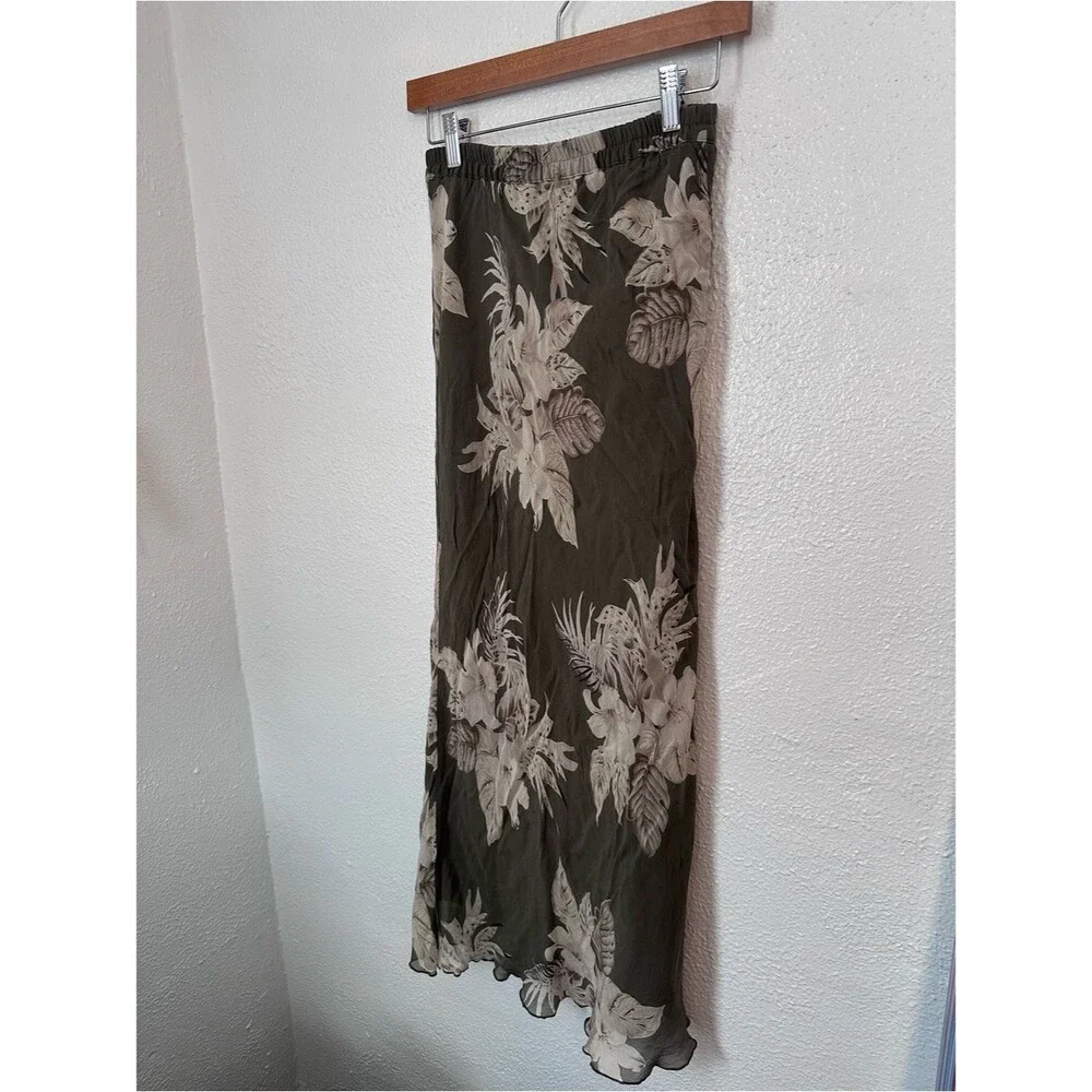 100% Silk Green Floral Boho Vintage 90s Y2K Maxi Skirt Feather Small Summer